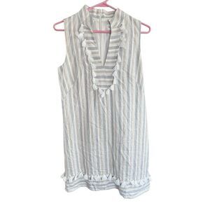 Eliza J Striped Linen Tassel Trim V-Neck Sleeveless Dress Sz 8 Gray Tan Coastal